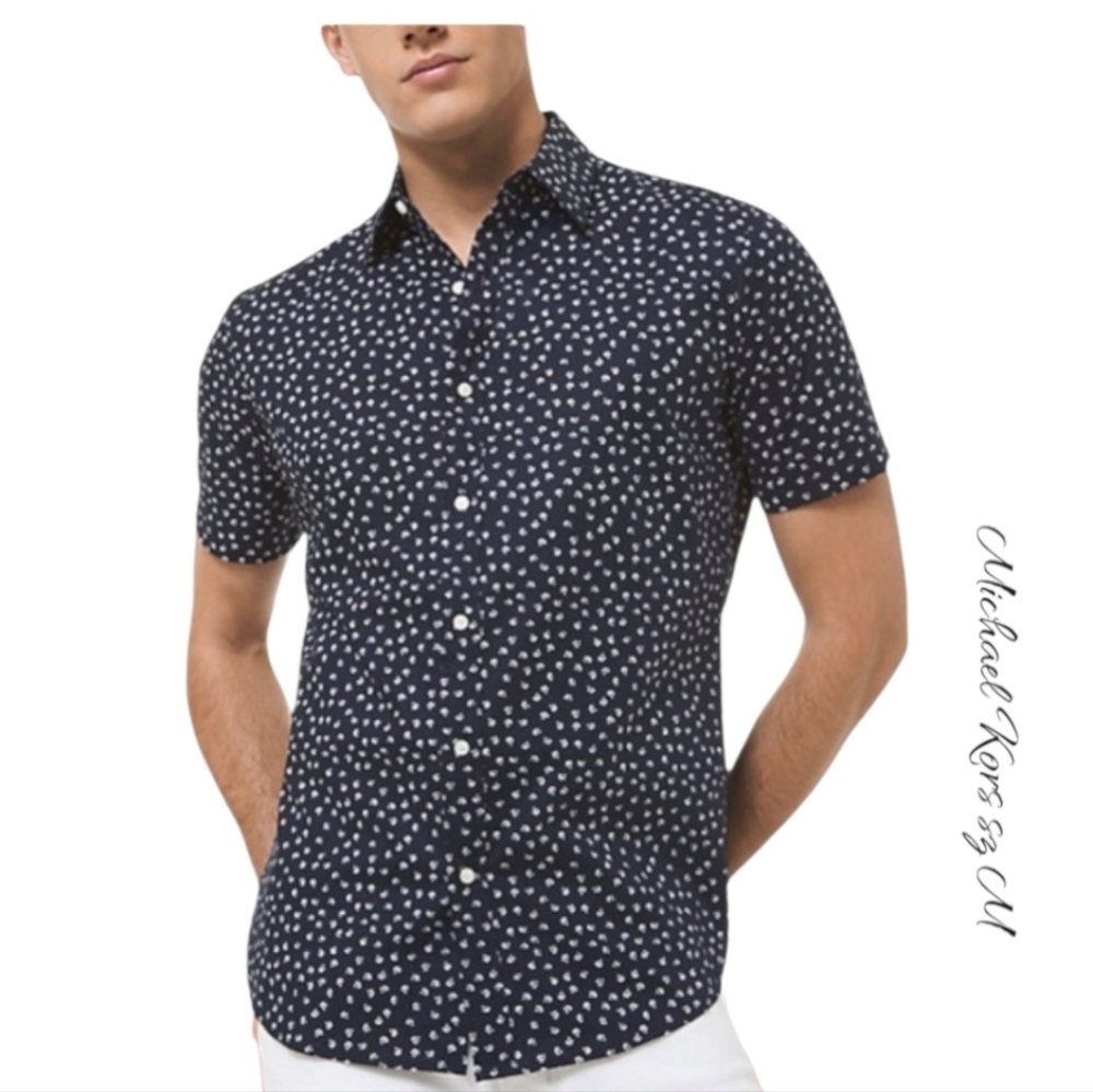 NWT Michael Kors Men Slim Fit Mini Floral Stretch Shirt Navy Medium M